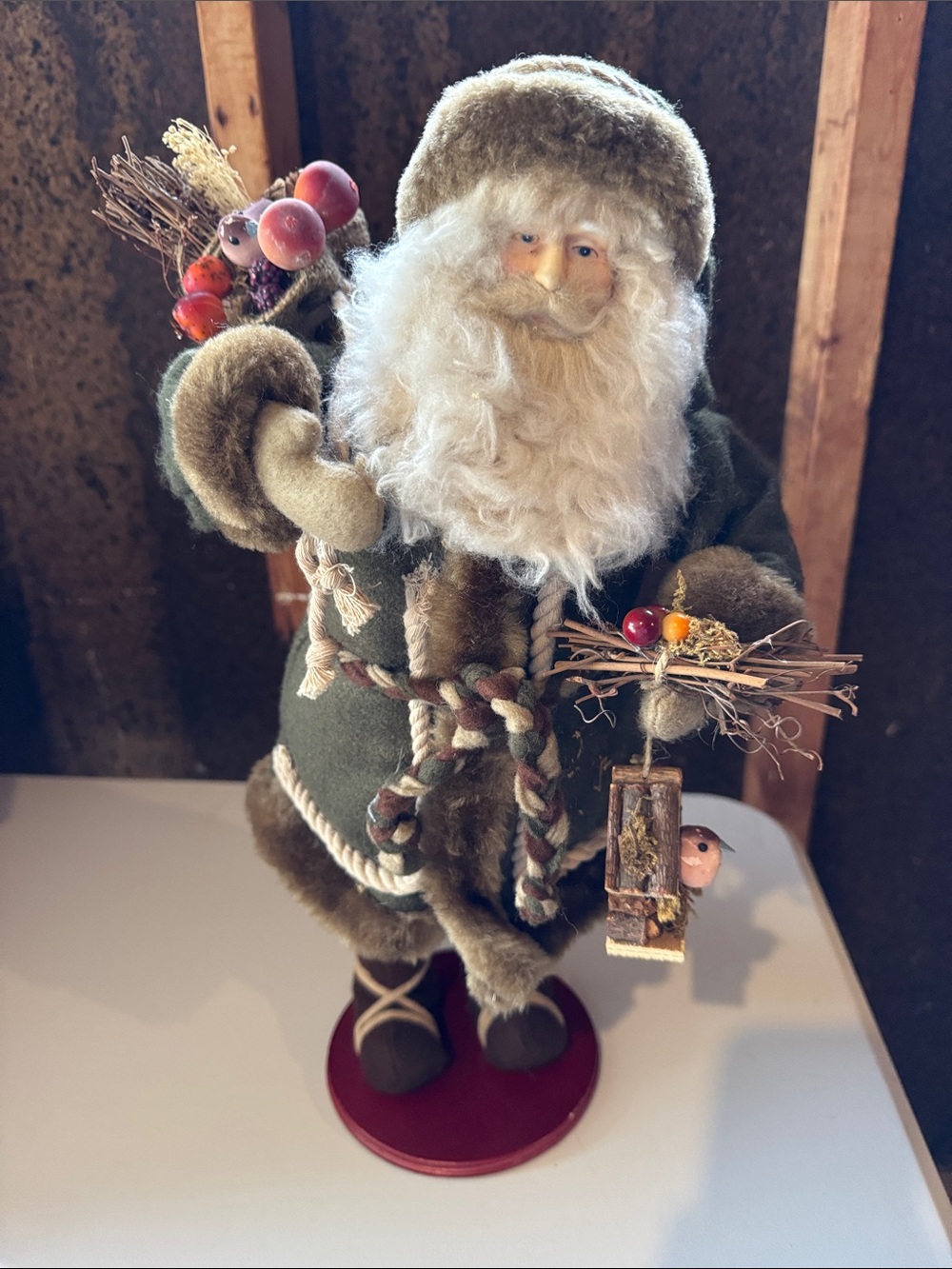 Olive Green Festive Santa Figurine with Faux Fur Trim